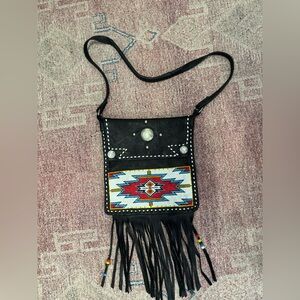 Handmade OOAK black soft leather hand beaded fringe bag buffalo nickel sterling